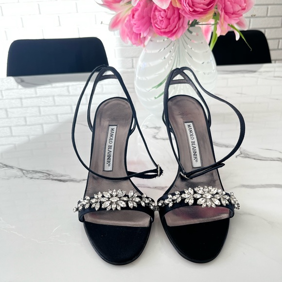 Manolo Blahnik Shoes - Manolo Blahnik Black Crystal-Embellished Strappy Slingback Heels